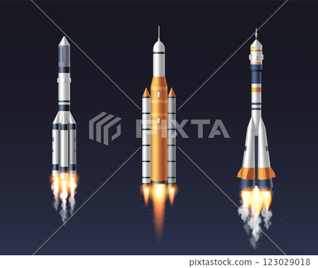 Realistic space rocket set of launching spaceships 123029018
