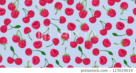 Seamless pattern of cherries with raspberries 123029019
