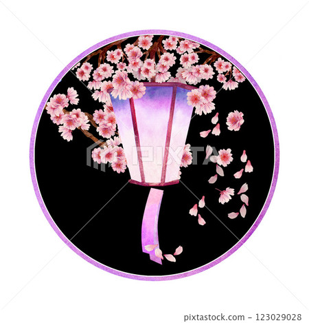 Lantern with sakura flowers in a round frame with a black background. Spring blooming cherry blossom flowers for Hanami with pink, lilac, purple petals. Watercolor template for card, poster 123029028