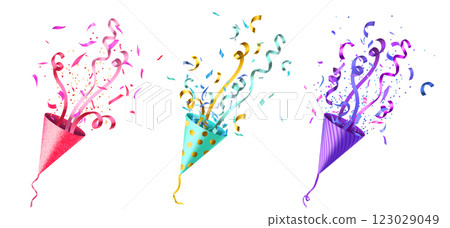 Confetti poppers set isolated on white background Confetti poppers set isolated on white background 123029049
