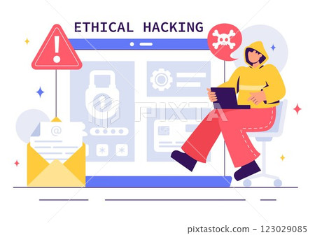 Ethical Hacking Illustration featuring a Developer Practicing Hacking on a Web Application, Identifying Code Vulnerabilities to Improve Cybersecurity 123029085