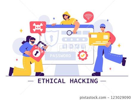 Ethical Hacking Illustration featuring a Developer Practicing Hacking on a Web Application, Identifying Code Vulnerabilities to Improve Cybersecurity Ethical Hacking Illustration featuring a Developer Practicing Hacking on a Web Application, Identifying Code Vulnerabilities to Improve Cybersecurity 123029090