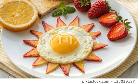 Creative Breakfast Food Art Featuring Sunny Egg Yolk and Fresh Fruit on Plate 123029157