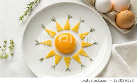 Creative Egg Yolk Styled as the Sun on a Rustic Breakfast Plate 123029158