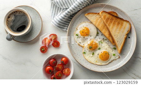 Delectable Breakfast Spread with Fried Eggs Toast and Tomatoes on Marble Table Delectable Breakfast Spread with Fried Eggs Toast and Tomatoes on Marble Table 123029159