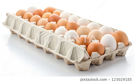 Neatly Arranged Carton of Fresh Eggs on Clean Background 123029185