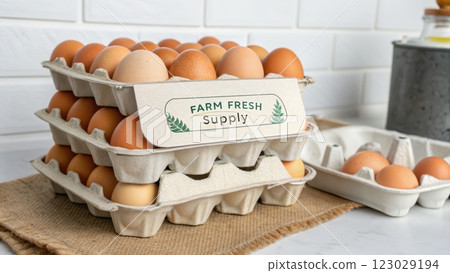 Stack of Farm Fresh Egg Cartons on Rustic Wooden Surface Stack of Farm Fresh Egg Cartons on Rustic Wooden Surface 123029194