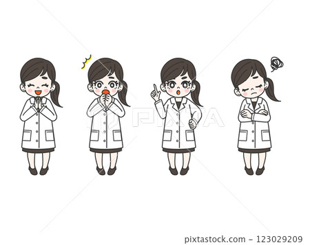 一名身穿白大褂的女子的一組面部表情反應 一名身穿白大褂的女子的一組面部表情反應 123029209