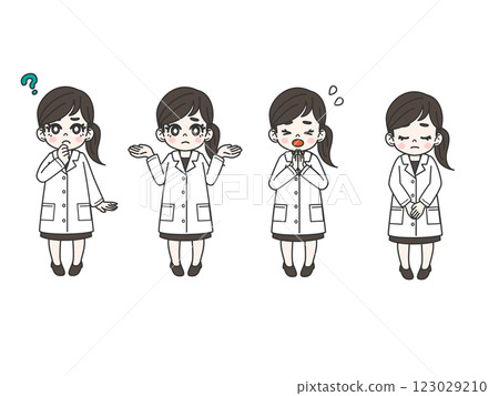 身穿白大褂的女人疑惑與道歉的臉部表情姿勢集 123029210