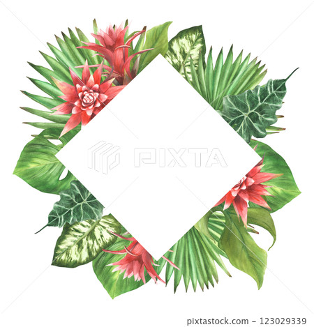 Tropical leaves and red flowers with buds square frame. Watercolor bromeliad, palm leaf, calathea, philodendron exotic creeper. Jungle floral card. Hand drawn illustration. Isolated from background. Tropical leaves and red flowers with buds square frame. Watercolor bromeliad, palm leaf, calathea, philodendron exotic creeper. Jungle floral card. Hand drawn illustration. Isolated from background. 123029339