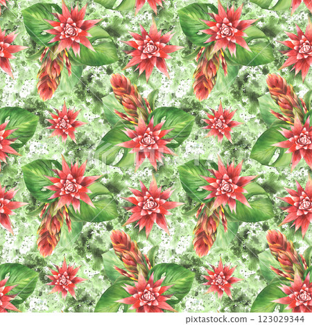 Tropical plant seamless pattern on watercolor stains spotted background. Red bromeliad flower, buds with anthurium leaf, exotic leaves. Hand drawn illustration on isolated white background  123029344