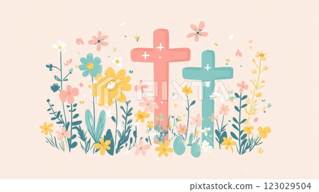 Colorful Crosses with Flowers in a Lush Floral Background 123029504