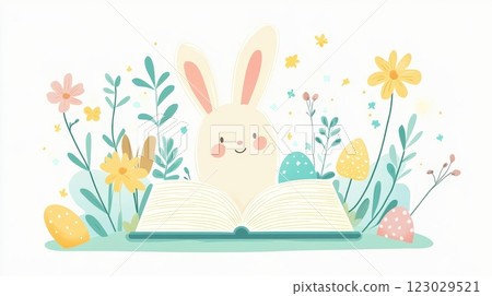 Enchanting Bible Story with a Whimsical Rabbit and Blooming Spring Flowers Enchanting Bible Story with a Whimsical Rabbit and Blooming Spring Flowers 123029521