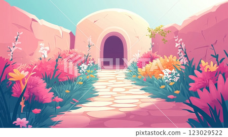 Enchanting Floral Pathway Leading to a Vibrant Archway Entrance 123029522
