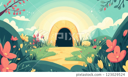 Enchanting Spring Garden Path Leads to Mysterious Glowing Entrance 123029524