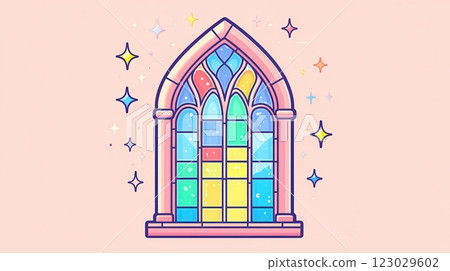Vibrant Stained Glass Window with Geometric Patterns 123029602