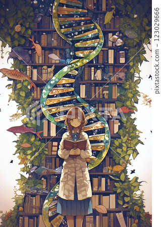 A woman studying genetics. Watercolor. Illustration. Banner material. Flyer material. Illustration. 123029666