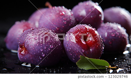 A close-up of fresh, purple plums with water droplets on their surface, accompanied by green leaves, against a dark background. 123029746