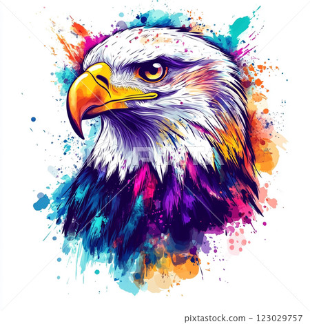 A detailed illustration of a eagle's head with a vibrant, splattered paint background, highlighting the bird's sharp features and intense gaze. A detailed illustration of a eagle's head with a vibrant, splattered paint background, highlighting the bird's sharp features and intense gaze. 123029757