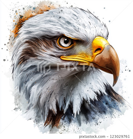 A detailed illustration of a eagle's head with a vibrant, splattered paint background, highlighting the bird's sharp features and intense gaze. 123029761