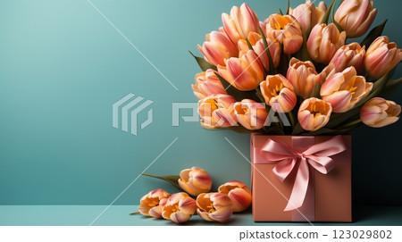 Bouquet of pink tulips and gift box,Spring flowers. Flat lay. Copy space. Banner. 123029802