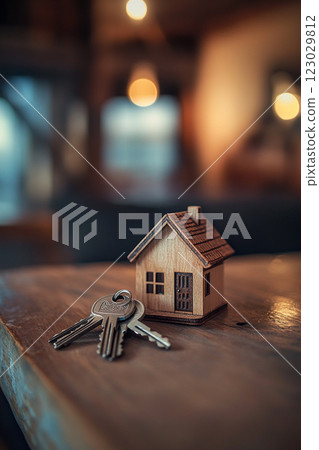 A small wooden house model with metal keys placed beside it on a wooden surface, symbolizing home ownership or real estate. 123029812
