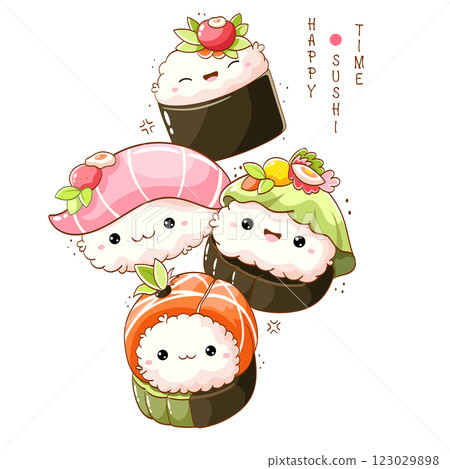 Set of cute sushi and rolls in kawaii style with smiling faces. Japanese traditional cuisine dishes. Can be used for t-shirt print, sticker, greeting card, menu design. Vector illustration EPS8 123029898