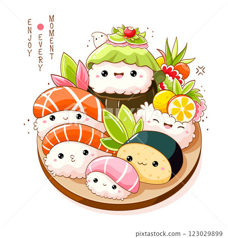 Set of cute sushi and rolls in kawaii style with smiling faces. Japanese traditional cuisine dishes. Can be used for t-shirt print, sticker, greeting card, menu design. Vector illustration EPS8 123029899