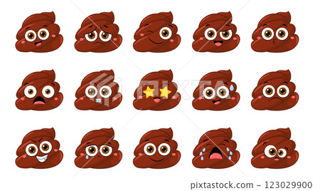 Collection of Cute funny poop and toilet paper characters with different mood. Set of cartoon poo emoji faces in different expressions - happy, sad, cry, fear, crazy. Vector illustration EPS8 123029900