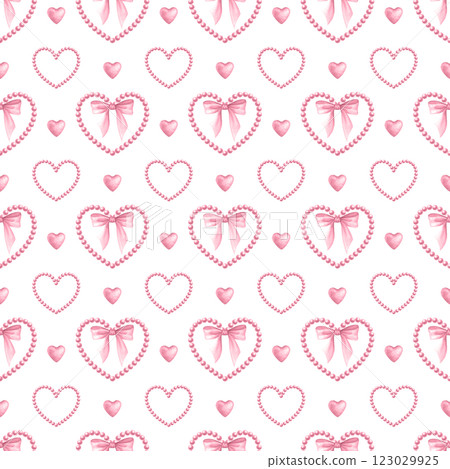 Coquette hearts, bows and beads in pastel pink color. Watercolor isolated seamless pattern hand drawn for cutecore, girl style, romantic design, textile, wrapping, fabric and scrapbooking paper. 123029925