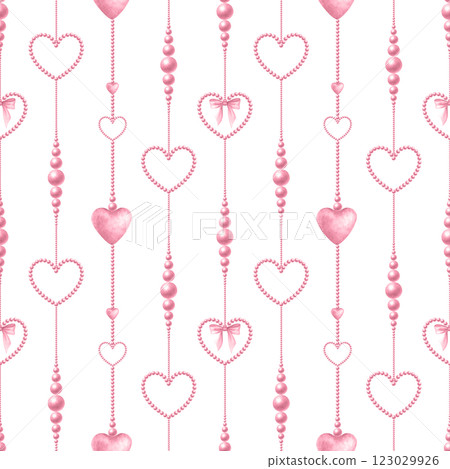 Coquette hearts, bows and beads in pastel pink color. Watercolor isolated seamless pattern of pendants hand drawn for cutecore, girl style, romantic design, textile, wrapping, fabric and scrapbooking. Coquette hearts, bows and beads in pastel pink color. Watercolor isolated seamless pattern of pendants hand drawn for cutecore, girl style, romantic design, textile, wrapping, fabric and scrapbooking. 123029926