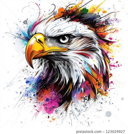 A detailed illustration of a eagle's head with a vibrant, splattered paint background, highlighting the bird's sharp features and intense gaze. 123029927