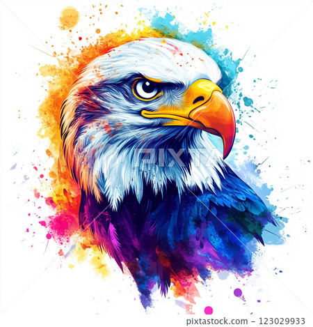 A detailed illustration of a eagle's head with a vibrant, splattered paint background, highlighting the bird's sharp features and intense gaze. 123029933