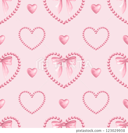 Coquette hearts, bows and beads in pastel pink color. Watercolor seamless pattern hand drawn on pink for cutecore, girl style, romantic design, textile, wrapping, fabric and scrapbooking paper. 123029938