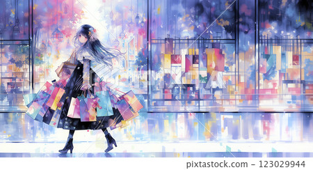 一名女子在百貨公司購物，為自己尋找獎勵。水彩畫。插圖。橫幅材料。傳單材料。插圖。 123029944