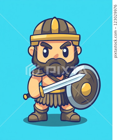 A cute, cartoon-style Roman soldier with a body armor and short sword, standing in a confident pose.  123029976