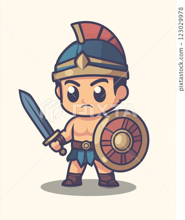 A cute, cartoon-style Roman soldier with a body armor and short sword, standing in a confident pose.  123029978