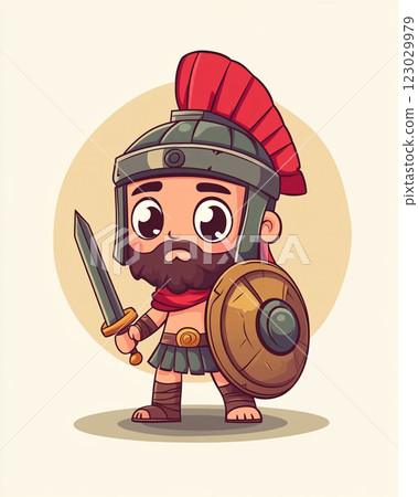 A cute, cartoon-style Roman soldier with a body armor and short sword, standing in a confident pose.  123029979