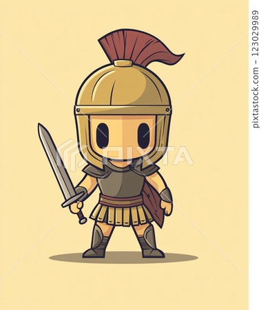 A cute, cartoon-style Roman soldier with a body armor and short sword, standing in a confident pose.  123029989