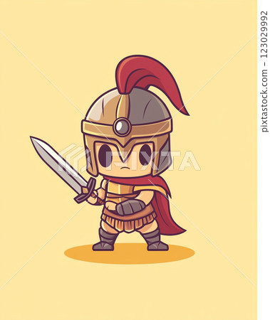 A cute, cartoon-style Roman soldier with a body armor and short sword, standing in a confident pose.  123029992