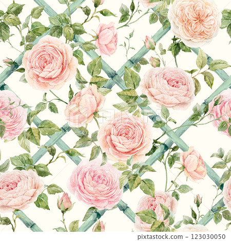 Beautiful seamless pattern with hand drawn bamboo lattice and roses in vacation style. Ready print design. Beautiful seamless pattern with hand drawn bamboo lattice and roses in vacation style. Ready print design. 123030050