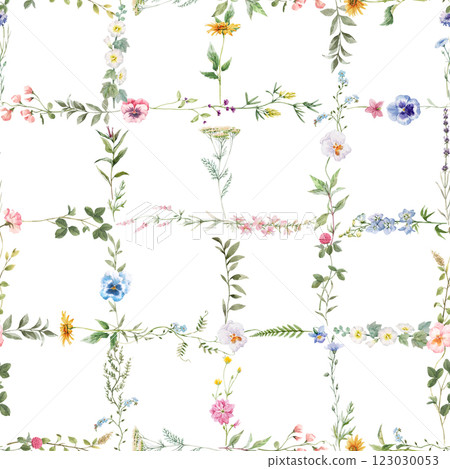 Seamless Diamond Floral Repeat Pattern with Small Ditsy Flowers. Charming Floral Tile Design. Vintage Floral Lattice, Illustration Seamless Diamond Floral Repeat Pattern with Small Ditsy Flowers. Charming Floral Tile Design. Vintage Floral Lattice, Illustration 123030053