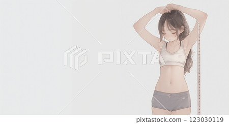 A woman measuring her height. Watercolor painting. Illustration. Banner material. Flyer material. Illustration. A woman measuring her height. Watercolor painting. Illustration. Banner material. Flyer material. Illustration. 123030119