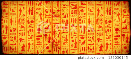 Horizontal travel banner with egyptian hieroglyphs. Grunge background with old paper texture and ancient egyptian hieroglyph. Topic of vacation, travel, trip abroad on vacation, cruises, tours 123030145