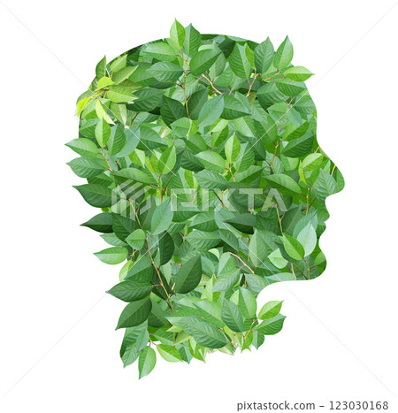 A human profile made of green leaves. Isolated on white. Sustainable development of strategy approach to zero waste, responsible consumption. Reuse, ecology, renewable resource, eco-friendly concept 123030168