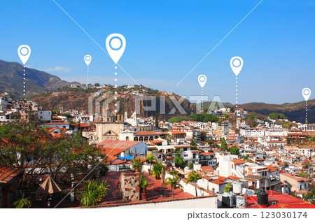Aerial view on Taxco de Alarcon and location pin, Mexico. Planning a tourist trip. Travel way,  find trip, point navigation concept. Global positioning system pin map. Modern travel, sightsee, tourism 123030174