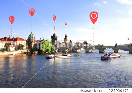 Planning a tourist trip. Charles Bridge, Prague, Czech Republic and location pins. Global positioning system pin map. Travel way, point navigation concept. Modern travel, sightsee, tourism 123030175