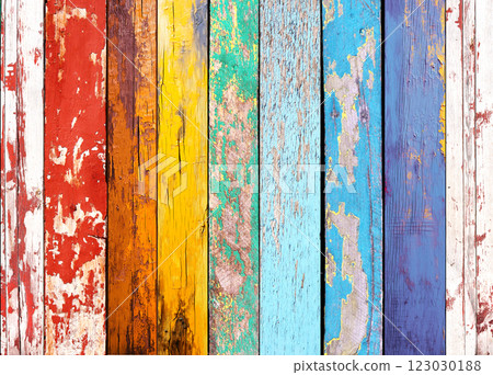 Rainbow backdrop. Texture of vintage wood boards with paint of white, red, orange, yellow, green, blue, indigo and violet color. Horizontal retro background with old wooden planks of rainbow colors Rainbow backdrop. Texture of vintage wood boards with paint of white, red, orange, yellow, green, blue, indigo and violet color. Horizontal retro background with old wooden planks of rainbow colors 123030188