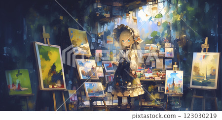 A woman selling paintings at a flea market. Watercolor painting. Illustration. Banner material. Flyer material. Illustration. 123030219