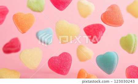 Pink background with colorful heart-shaped gummy bears floating 123030243